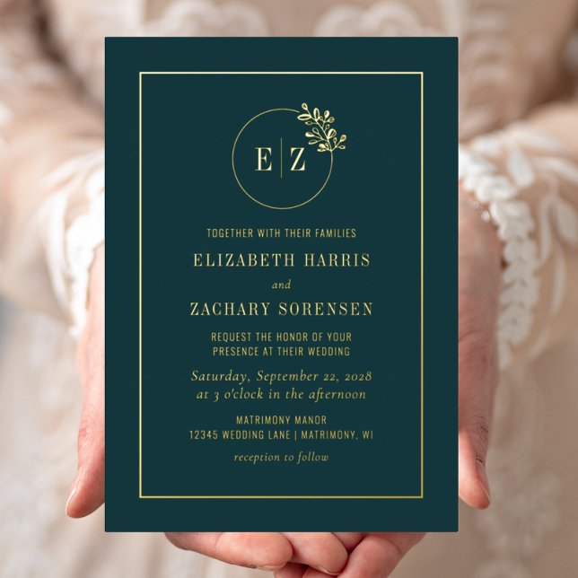 Monogram Wreath Emerald Green Gold Wedding Foil Invitation (Creator Uploaded)