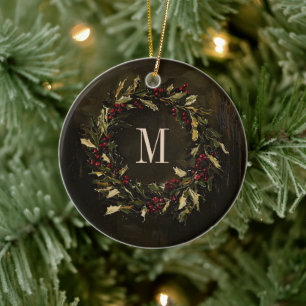 Monogram Wreath Festive Christmas Holiday Custom Ceramic Ornament