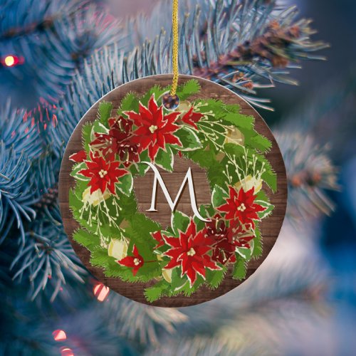 Monogram Wreath First Christmas New Home Photo Ceramic Ornament
