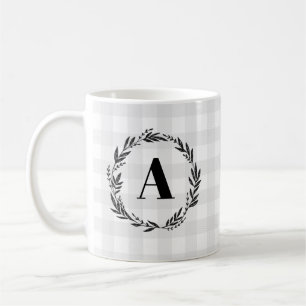 Monogram Wreath Gray Check Pattern Coffee Mug