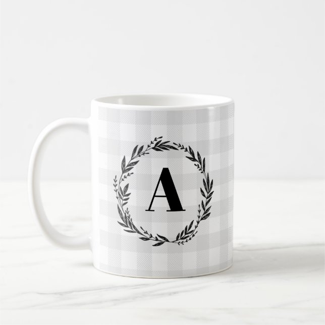 Monogram Wreath Gray Check Pattern Coffee Mug (Left)