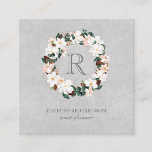 Monogram Wreath Gray Linen social media icon Square Business Card