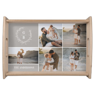 Monogram wreath grey photo collage modern elegant serving tray