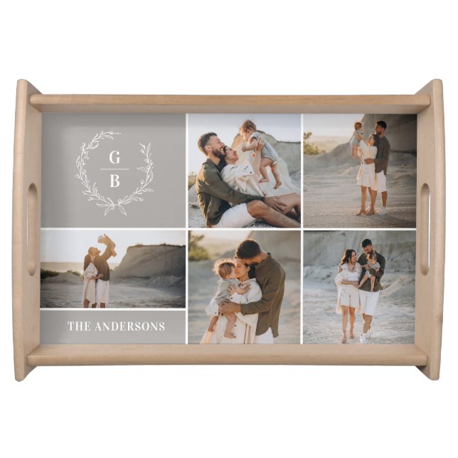 Monogram wreath grey photo collage modern elegant serving tray (Front)