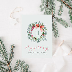 Monogram wreath holiday announcement card