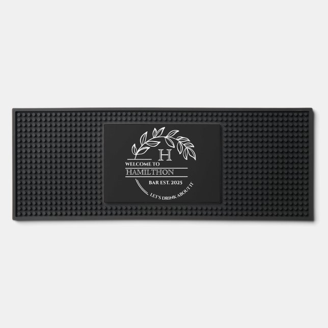  Monogram Wreath Logo Barware Dining Home Black Bar Mat (Front)