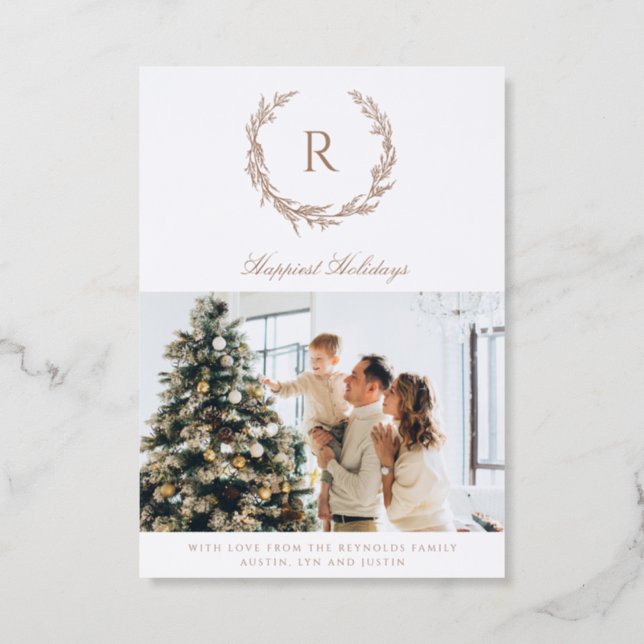 Monogram Wreath Luxe Holiday Letterpress Photo Cards (Front)