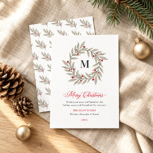 Monogram Wreath Merry Christmas Greenery Holiday Card