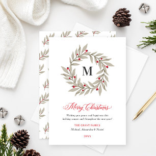 Monogram Wreath Merry Christmas Greenery Holiday Card