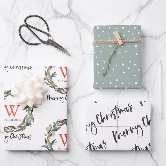 Monogram Wreath Merry Christmas Holiday Wrapping P Paper Sheets (Front)