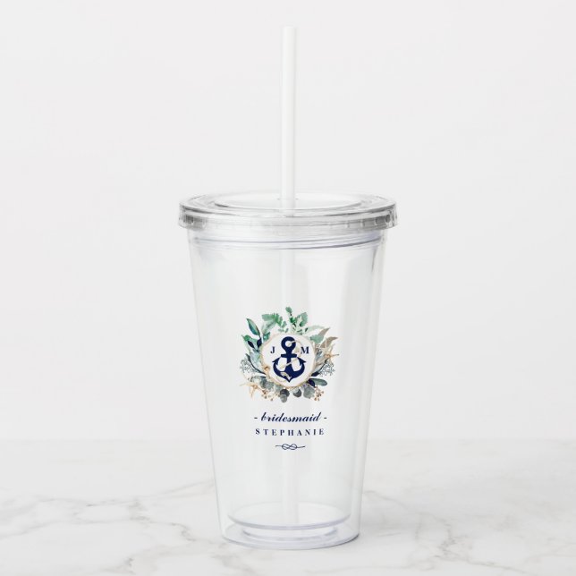 Monogram Wreath Navy Anchor Beach Wedding Acrylic Tumbler (Front)