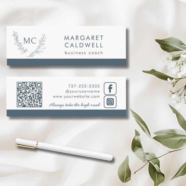 Monogram Wreath Neutral Slate Gray Mini Business Card (Slate Gray Monogram Wreath Social Media Mini Business Card)