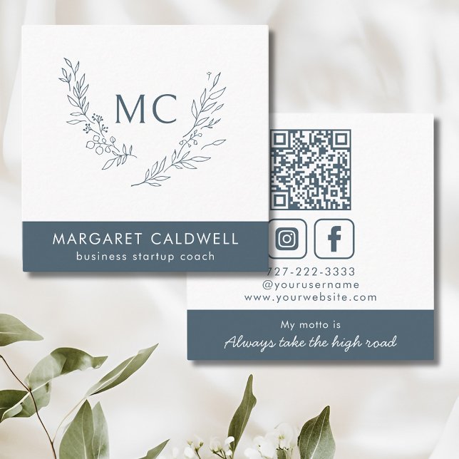 Monogram Wreath Neutral Slate Gray Square Business Card (Slate Gray Monogram Wreath Social Media Square Business Card)