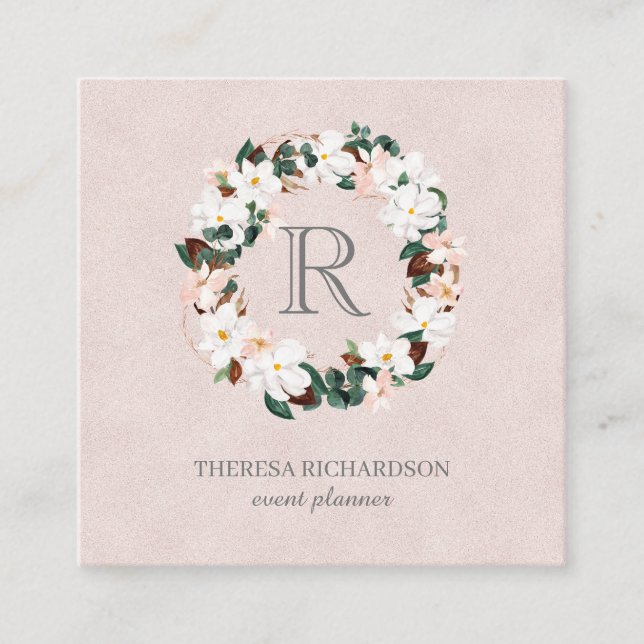 Monogram Wreath Pink Linen social media icon Square Business Card (Front)