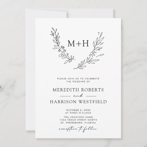 Monogram Wreath QR Code Black and White Wedding Invitation