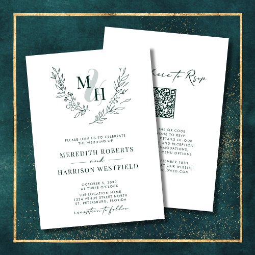 Monogram Wreath QR Code Emerald Green Wedding Invitation