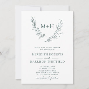 Monogram Wreath QR Code Forest Green Wedding Invitation