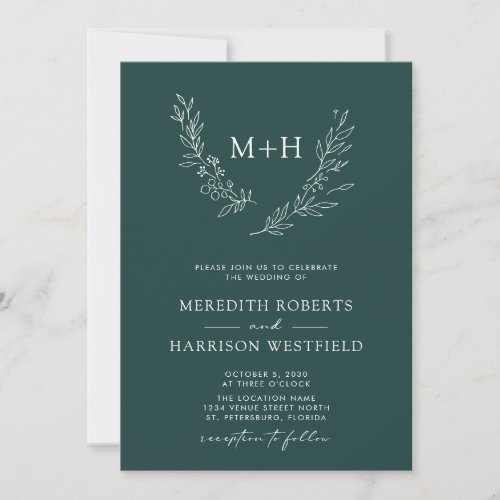 Monogram Wreath QR Code Forest Green Wedding Invitation