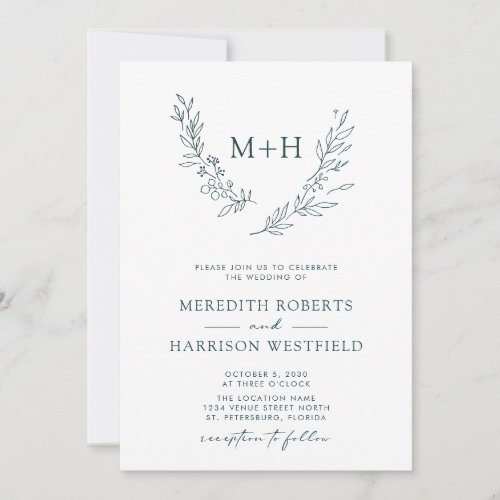 Monogram Wreath QR Code Forest Green Wedding Invitation
