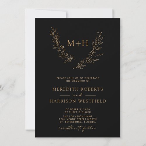 Monogram Wreath QR Code Gold on Black Wedding Invitation