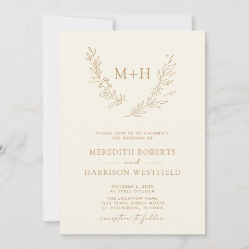 Monogram Wreath QR Code Gold on Cream Wedding Invitation