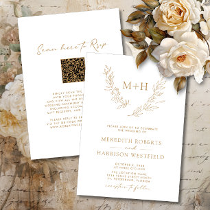 Monogram Wreath QR Code Gold on White Wedding Invitation