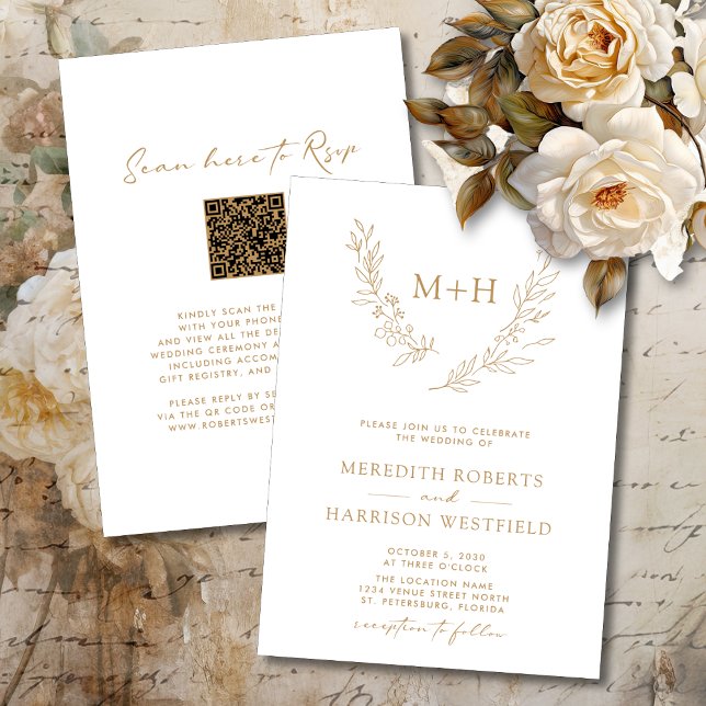 Monogram Wreath QR Code Gold on White Wedding Invitation (Elegant Monogram Laurel Wreath QR Code RSVP Double Sided Gold 
 on White Wedding Invitation)