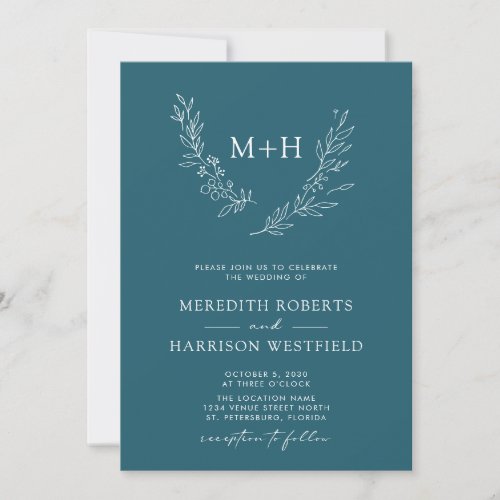 Monogram Wreath QR Code Teal Blue Wedding Invitation
