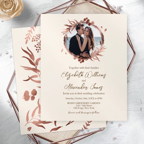 Monogram Wreath Rose Gold Foil Photo Wedding