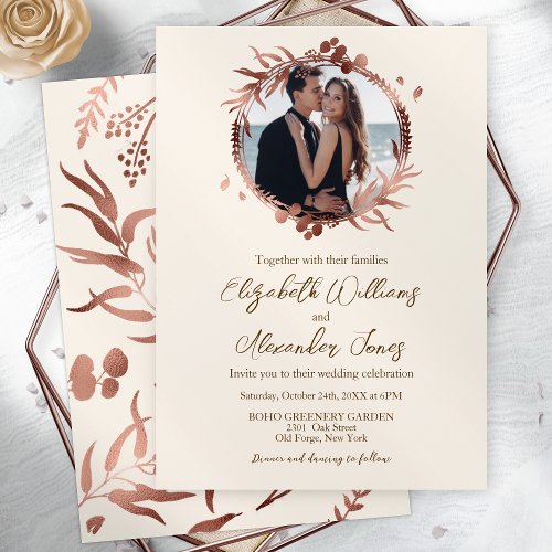 Monogram Wreath Rose Gold Foil Photo Wedding Invitation