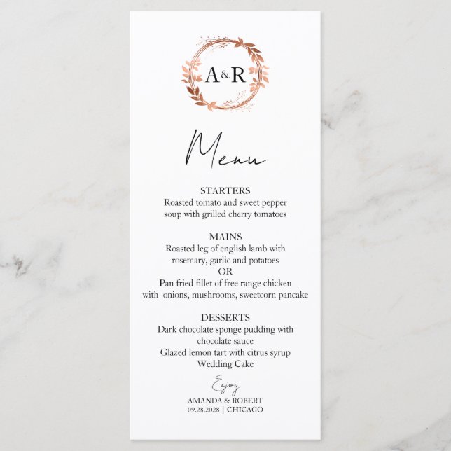 Monogram Wreath Rose Gold Foil Photo Wedding Menu (Front)