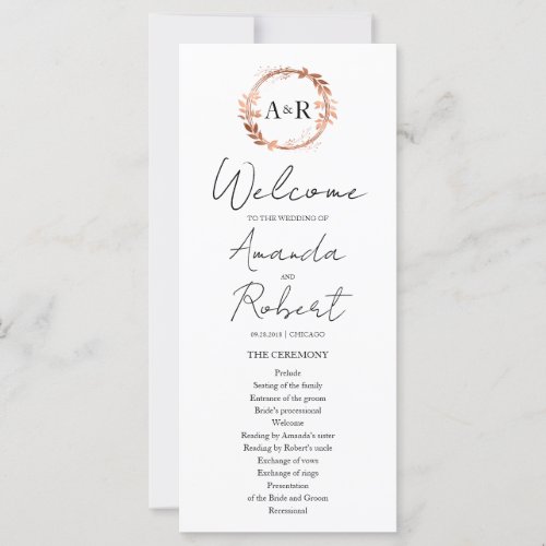 Monogram Wreath Rose Gold Foil Wedding Program