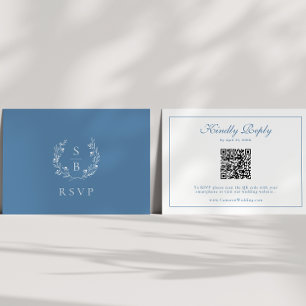 Monogram Wreath Royal Blue QR Code Wedding RSVP Enclosure Card
