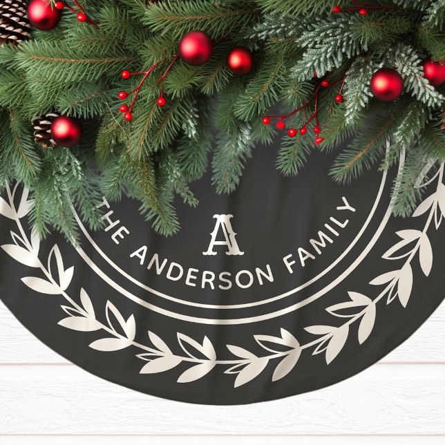 Monogram Wreath Striped Modern Gray Christmas Brushed Polyester Tree Skirt (Creator Uploaded)