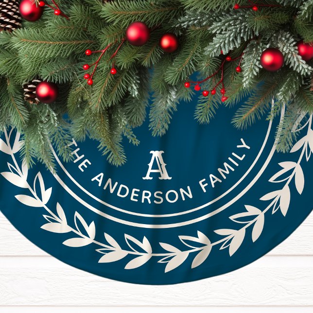 Monogram Wreath Striped Modern Navy Christmas Brushed Polyester Tree Skirt (Creator Uploaded)