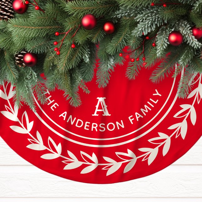 Monogram Wreath Striped Modern Red Christmas Brushed Polyester Tree Skirt (Creator Uploaded)