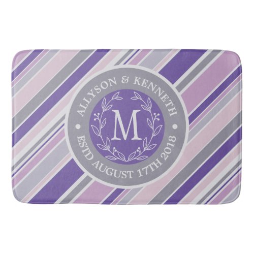 Monogram Wreath Trendy Stripes Purple Laurel Leaf Bath Mat