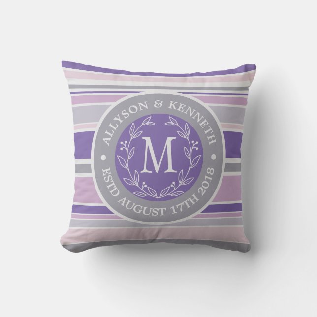 Monogram Wreath Trendy Stripes Purple Leaf Laurel Throw Pillow (Front)