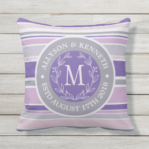 Monogram Wreath Trendy Stripes Purple Leaf Laurel Throw Pillow