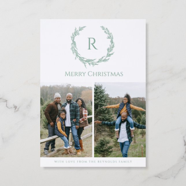 Monogram Wreath Two Photo Family Christmas Letterpress Photo Cards (Front)