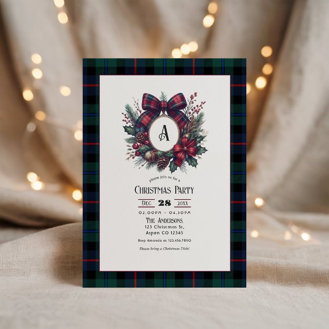 Monogram Wreath Vintage Plaid Christmas Party Invitation (Monogram Wreath Vintage Plaid Christmas Party Invitation)