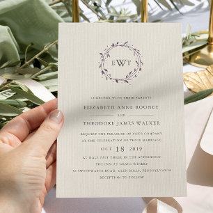 Monogram Wreath Wedding Invitation Plum