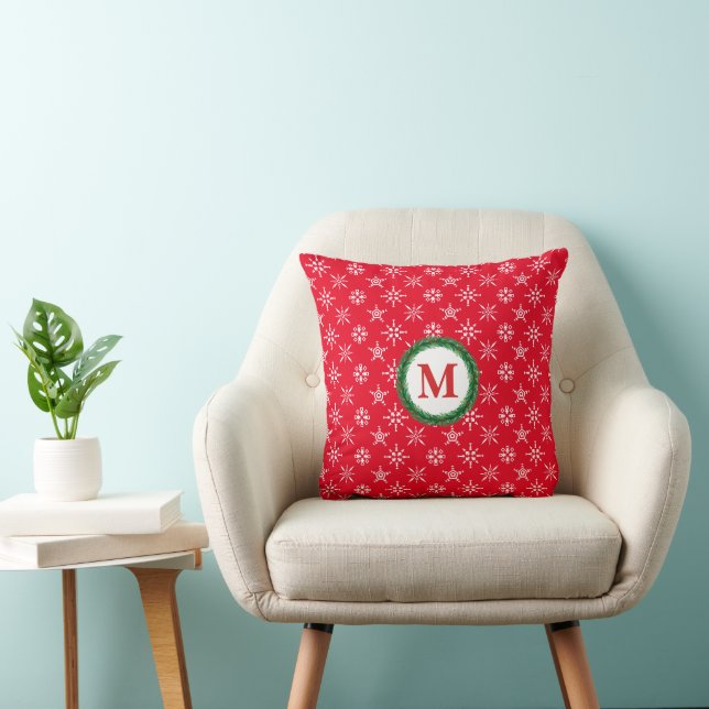 Monogram Wreath White Snowflakes in Red Background Throw Pillow (Chair)