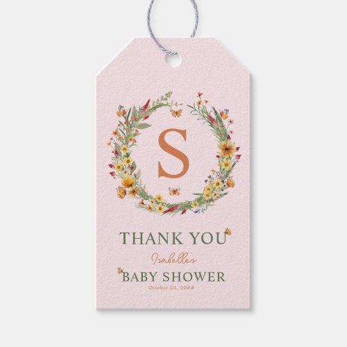 Monogram Wreath Wildflowers Baby Shower Thank You Gift Tags