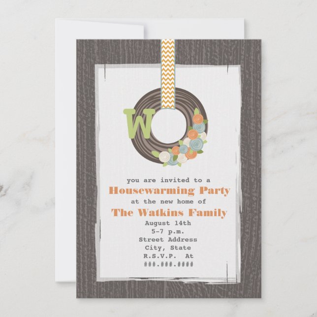 Monogram Wreath Wood Inspired Housewarming Party Invitation (Front)