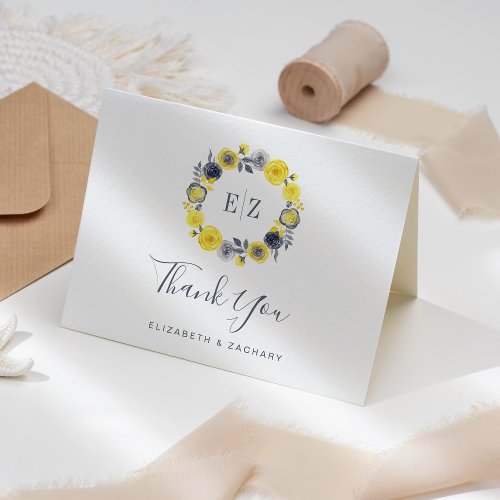 Monogram Wreath Yellow Gray Wedding Thank You Card