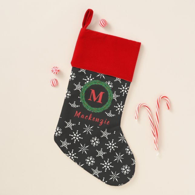 Monogram Wreath Your Name Black & White Snowflakes Christmas Stocking (Front)
