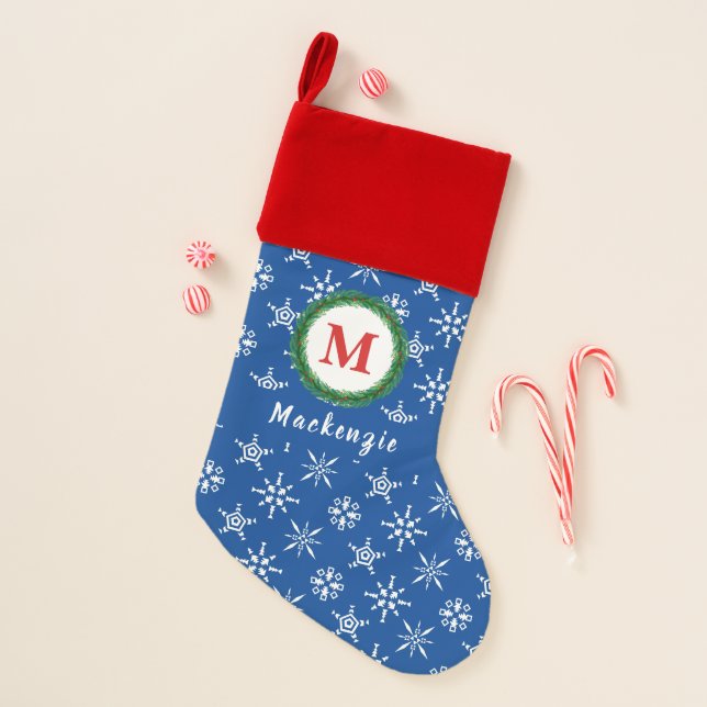 Monogram Wreath Your Name Blue & White Snowflakes Christmas Stocking (Front)