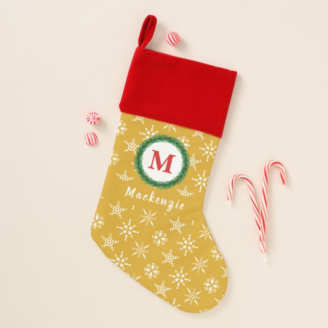 Monogram Wreath Your Name Gold & White Snowflakes Christmas Stocking (Front)