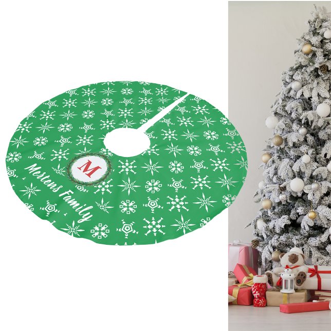 Monogram Wreath Your Name Green & White Snowflakes Brushed Polyester Tree Skirt (Christmas Tree & Presents Winter Snow Your Message Holiday Card)